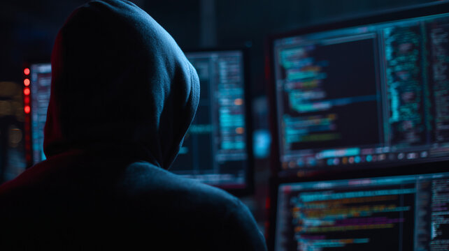 Hacker in a dark room with a hooded figure in front of a computer and glowing code on several screens. - Powered by Adobe