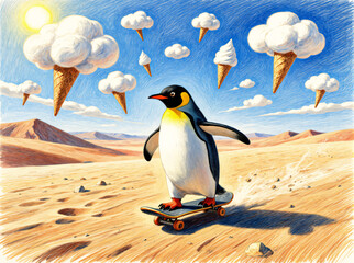penguins skateboarding through the desert and ice cream clouds