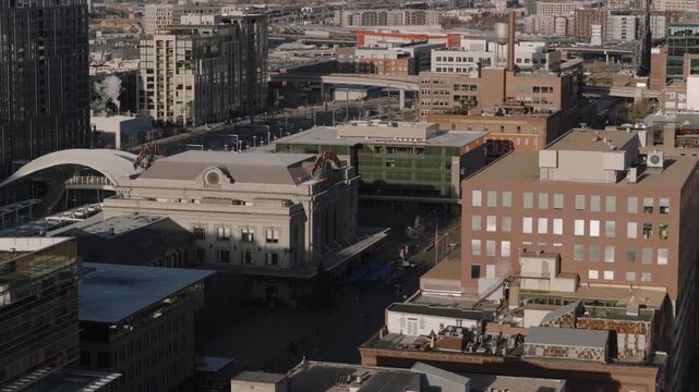 Union Station train at daytime downtown aerial video Denver, Colorado 4K