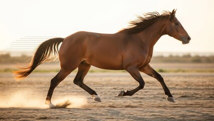 Obraz premium A brown horse galloping in a sandy field with a golden sunset in the background.