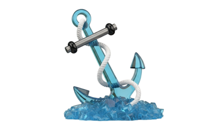 Blue glass anchor with rope on ice crystals