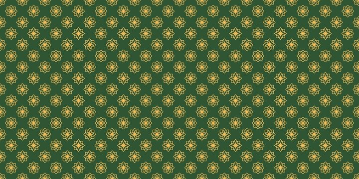 Gold floral mandalas pattern on a dark green background. Elegant luxury wallpaper, textile print, and sophisticated cultural ornament for premium branding.