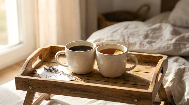 Cozy morning breakfast in bed with coffee and tea on wooden tray. Two cups of hot drink on beige linen sheets in warm sunlight