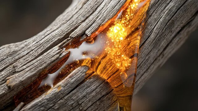Tree Sap on Weathered Wood Close Up Drips