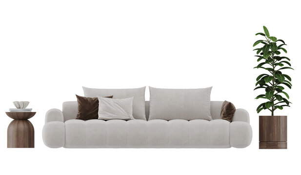 Modern Sofa with Side Table and Indoor Plant Front View Isolated on Transparent Background, Minimal Living Room PNG