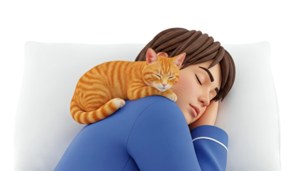 Ginger cat sleeping on person's shoulder during sleep