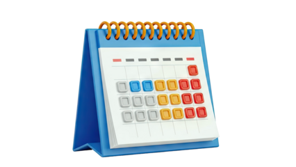 3D Render of a Blue Table Calendar with Colored Squares