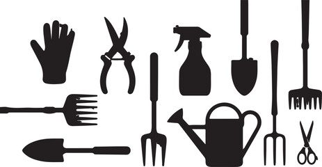 A minimalist collection of black and white vector illustrations depicting various gardening tools and equipment, perfect for design projects
