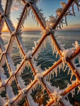A tranquil winter wonderland unfolds as icy tendrils stretch across the oceans surface, shrouding waves in a latticework of crystalline ice and fros