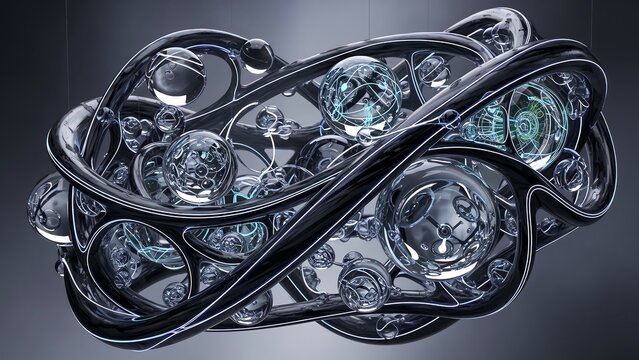 Futuristic metallic sculpture with glowing blue lines and spheres - Powered by Adobe