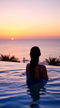 Woman in infinity pool watching sunset over ocean, palm trees