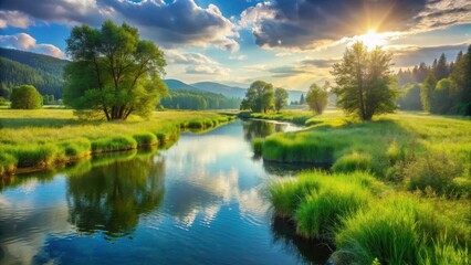 Fototapeta premium A tranquil meadow serenade a gentle river weaves its way through a tapestry of emerald hues, reflecting the soft whispers of a summer breeze