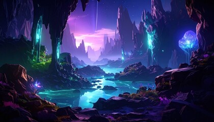 Enchanting Crystal Cave with Bioluminescent Flora and Reflective Water.