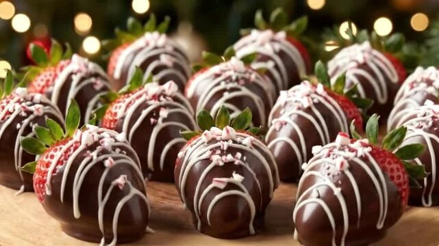 A delectable close-up shot showcases a collection of perfectly prepared chocolate-covered strawberries resting on a rustic wooden platter. Each vibrant red strawberry is generously dipped in rich, dar