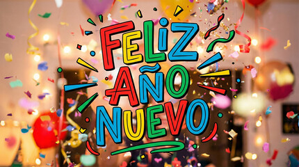 A lively and colorful design featuring bold &ldquo;Feliz A&ntilde;o Nuevo&rdquo; typography, surrounded by vibrant confetti and joyful energy. Perfect for New Year&rsquo;s greetings, Latin American and Spanish celebrations, f