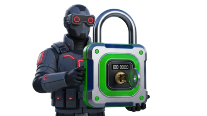 Cyberpunk Security Guard with Digital Padlock