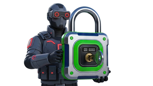 Cyberpunk Security Guard with Digital Padlock - Powered by Adobe