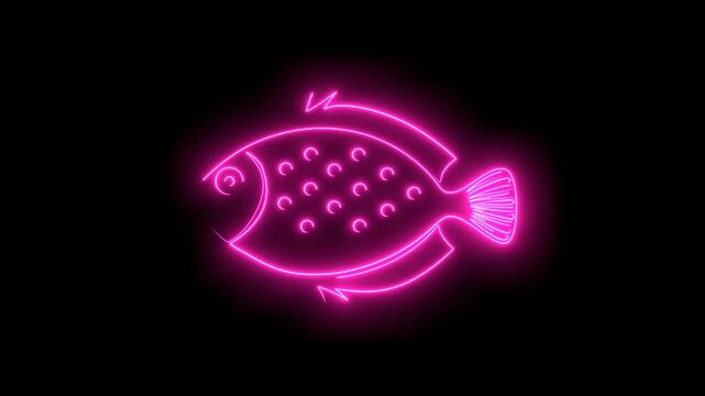 Turbot or flatfish. Seafood shop signboard. Restaurant menu, fish market design template. Fresh seafood. Fishing trophy. Neon glowing.
