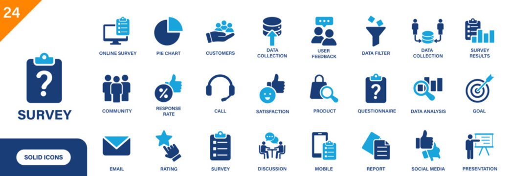 Survey icon. Including data collection, product, customers, satisfaction, reporting, social media. Solid vector icons collection.