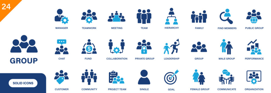 Group icon. Includes people, community, family, public group, collaboration, society. Solid vector icons collection.