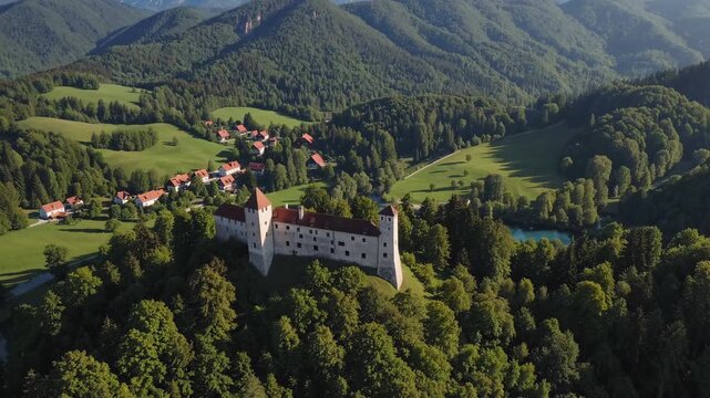 Aerial video of a medieval castle surrounded by lush green forests and mountains, capturing a scenic landscape from a high angle view.