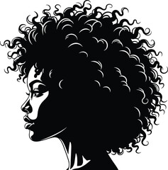 Black woman afro hairstyle silhouette profile portrait vector illustration, elegant natural hair beauty, minimal monochrome design for modern branding projects © Afsana Creatives