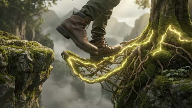 Adventurer Walking Across a Magical Nature Bridge