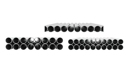 Stack of metallic tubes arranged in a geometric pattern isolated on white background. Industrial concept representing construction materials, manufacturing, strength, and modern engineering.