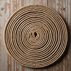Fototapeta premium Coiled Jute Circle on Weathered Wood Backdrop showcasing Rustic Charm