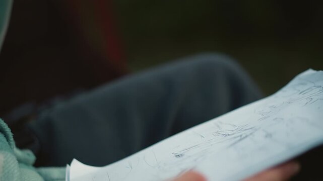 trail guide sketching map on clipboard, detailed route diagrams and waypoint marks, pen tracing course, clipboard clipped to knee, outdoor planning, focused leader preparing group navigation, soft