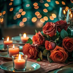 romantic dinner table with red roses candles and warm cozy lighting in elegant celebration setting