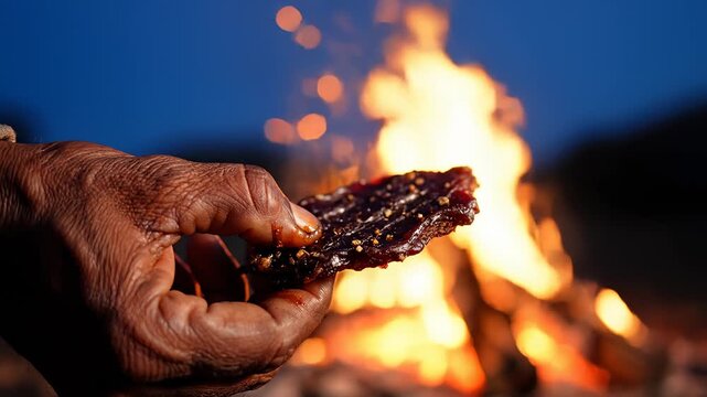 Eating Meat Next to a Campfire at Dusk