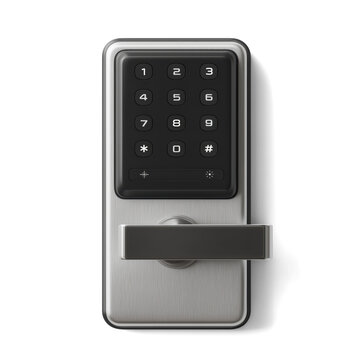 Electronic door lock with keypad for smart home access control. Digital keyless entry system in metallic housing with black number pad. Isolated smart security device. Home automation and protection