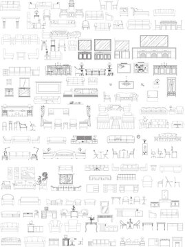 Front View Vector Line Drawing of Furniture and Interior Decorative Elements for Interior Design and Architecture
