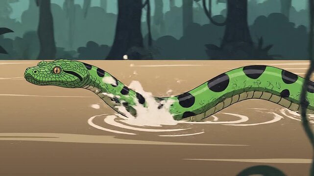 Animated Green Snake Swimming in Murky Jungle Water