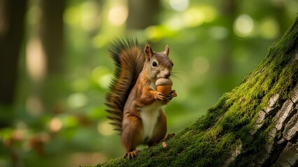 Squirrel holding nut in forest