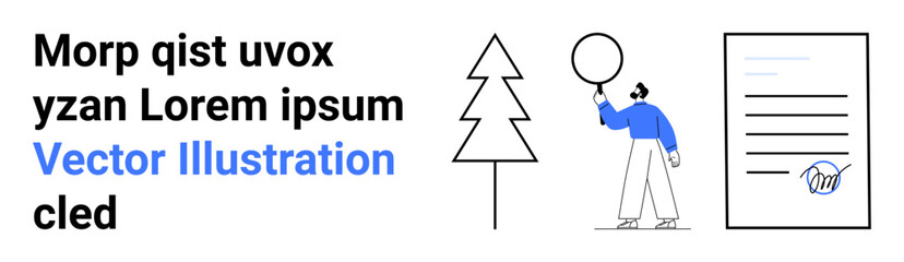 Obraz premium Tree outline, person in blue sweater holding a balloon, and signed document with hand icon. Ideal for creativity, agreements, environment, celebration, minimalism, abstract ideas simple landing page