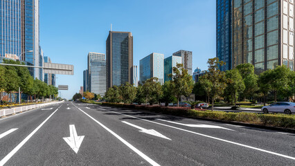 Urban Road with Modern Skyscrapers in City Center © zhouyilu
