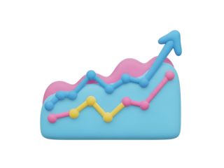 3D rendering of colorful line graphs showing upward trends on a blue base