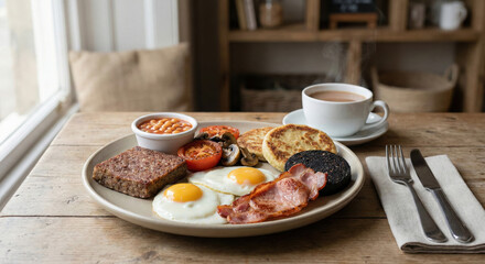 Hearty Full English Breakfast with Fried Eggs, Bacon, and Baked Beans