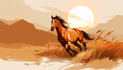 2026 year horse running in new chinese lunar landscape with warm sunlight