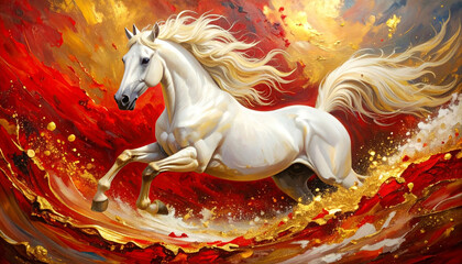 2026 year horse lunar new chinese art painting with white horse running fiery red and gold