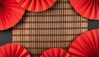 2026 year chinese new lunar horse celebration with red paper fans and bamboo mat background