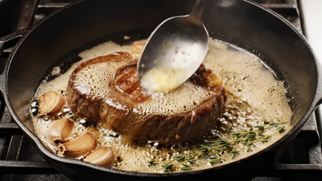 Basting a Juicy Steak in a Frying Pan