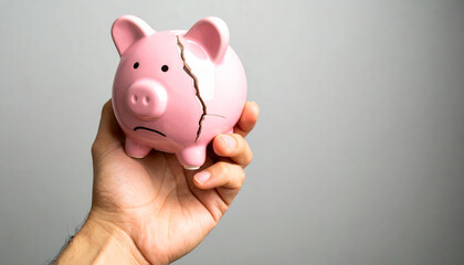 Broken piggy bank held in hand symbolizes financial crisis with loss of money savings and debt impacting economy and investment stability