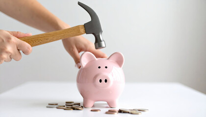 Broken piggy bank with money and coins shows financial crisis and loss in economy with debt and bankruptcy affecting investment and savings