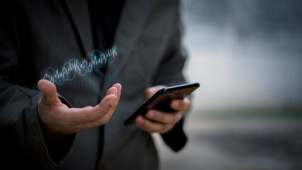 Businessman analyzing stock market data with digital candlestick chart, investment and opportunity concept, trading strategy, financial growth, business and enterprise analysis.