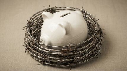 Broken piggy bank surrounded by barbed wire symbolizes financial crisis with money loss debt savings investment and economy bankruptcy