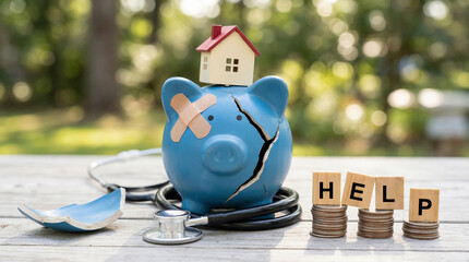 Broken piggy bank with crack and bandage symbolizes financial crisis and loss money savings investment and economy debt or bankruptcy help concept