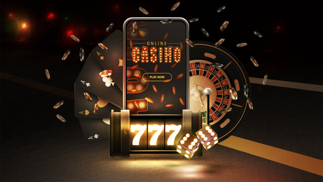 A casino scene with a slot machine and a roulette wheel. The slot machine has the number 777 on it